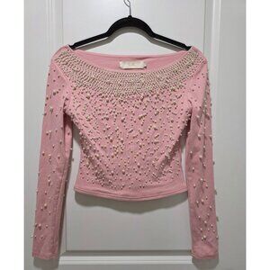 Pink Long-Sleeve Pearl-Embellished Crop Top
